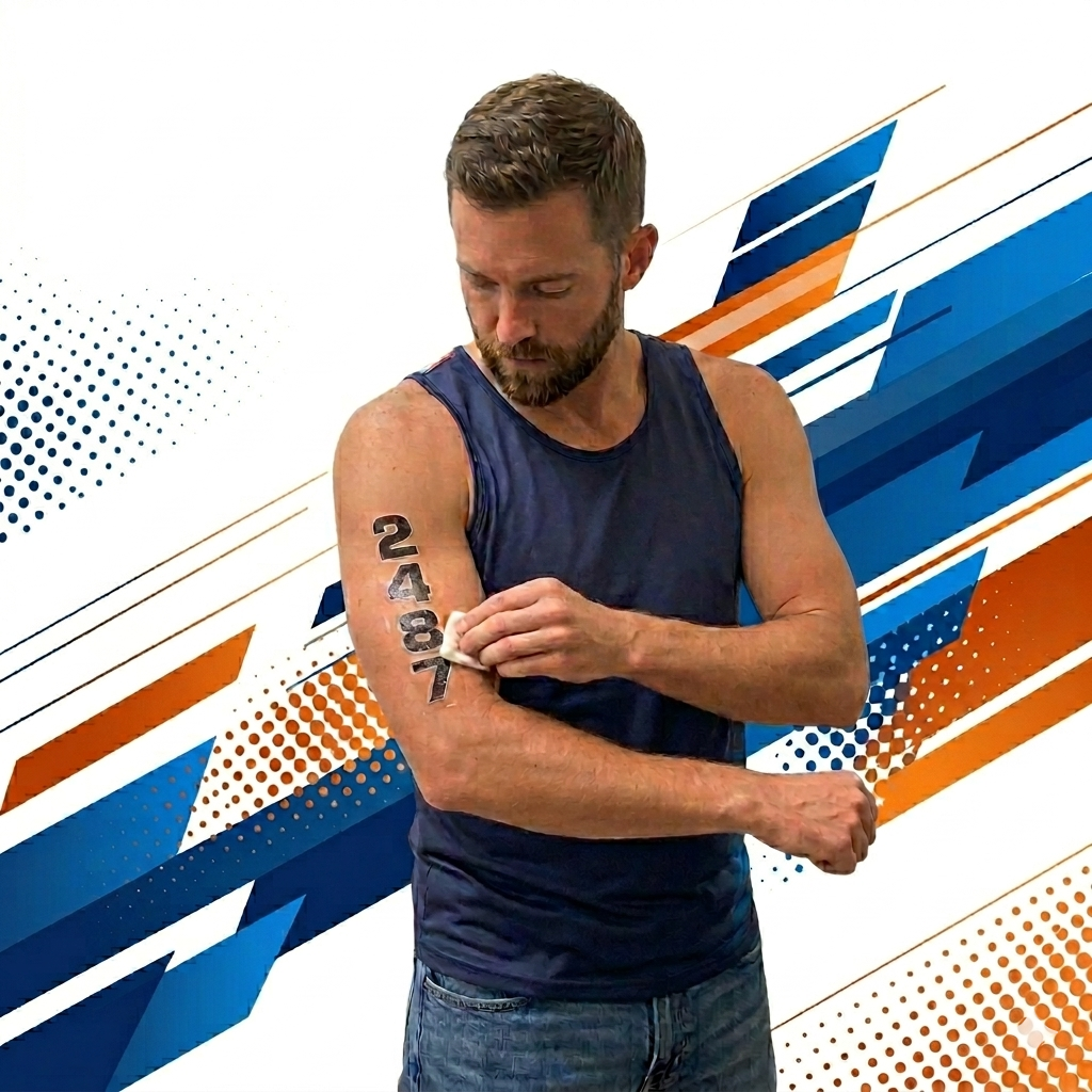 E-RACER™ race tattoo remover bottle with orange and blue race graphics